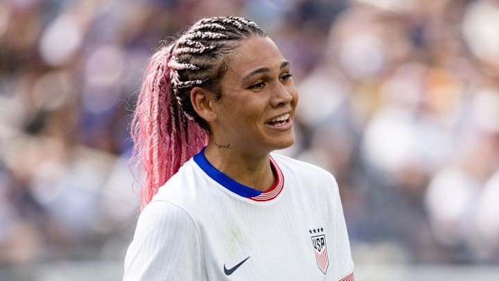Apr 5, 2025; Inglewood, California, USA; United States of America forward Trinity Rodman (2) against Brazil at SoFi Stadium. Mandatory 