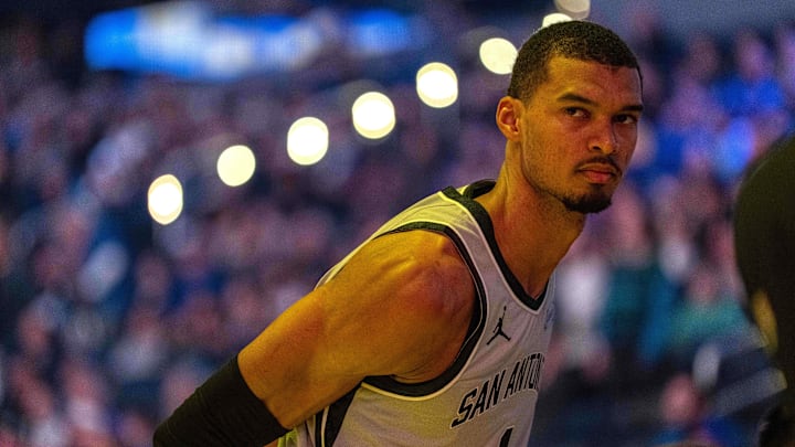 Apr 1, 2026; San Francisco, California, USA; San Antonio Spurs forward Victor Wembanyama (1) stands on the court before the start of the game against the Golden State Warriors at the Chase Center.
