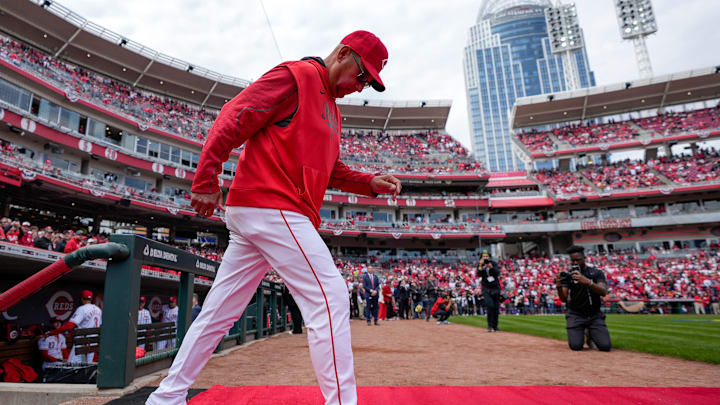 Cincinnati Reds manager Terry Francona (77) is introduced before the first inning of the MLB Opening Day game between the Cincinnati Reds and the San Francisco Giants at Great American Ball Park in downtown Cincinnati on Thursday, March 27, 2025. The Reds led 3-0 after three innings. Cincinnati Reds manager Terry Francona (77) is introduced before the first inning of the MLB Opening Day game between the Cincinnati Reds and the San Francisco Giants at Great American Ball Park in downtown Cincinnati on Thursday, March 27, 2025. The Reds led 3-0 after three innings.