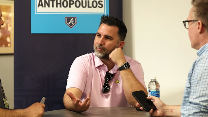 Feb 15, 2024; Tampa, FL, USA; Atlanta Braves general manager and president of baseball operations Alex Anthopoulos talks with media at George M. Steinbrenner Field. Mandatory Credit: Kim Klement Neitzel-Imagn Images