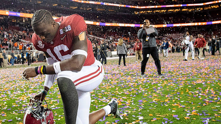 Alabama linebacker Jamey Mosley (16) kneels and prays after losing to Clemson in the College Football Playoff National Championship game at Levi's Stadium in Santa Clara, Ca., on Monday January 7, 2019. 

Nat25