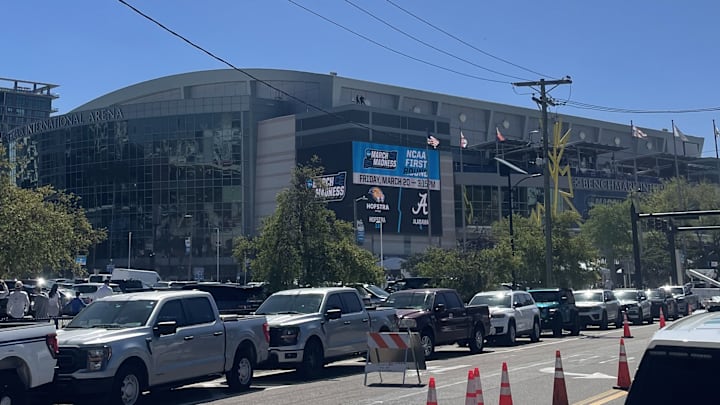 Benchmark International Arena in Tampa, Florida, ahead of four opening-round games: No. 5 Texas Tech vs. No. 12 Akron, No. 4 Alabama vs. No. 13 Hofstra, No. 8 Clemson vs. No. 9 Iowa, and No. 1 Florida vs. No. 16 Prairie View A&M.
