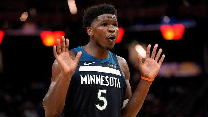 Mar 13, 2026; San Francisco, California, USA; Minnesota Timberwolves guard Anthony Edwards (5) reacts after the Timberwolves were called for a foul against the Golden State Warriors in the fourth quarter at the Chase Center. Mandatory Credit: Cary Edmondson-Imagn Images