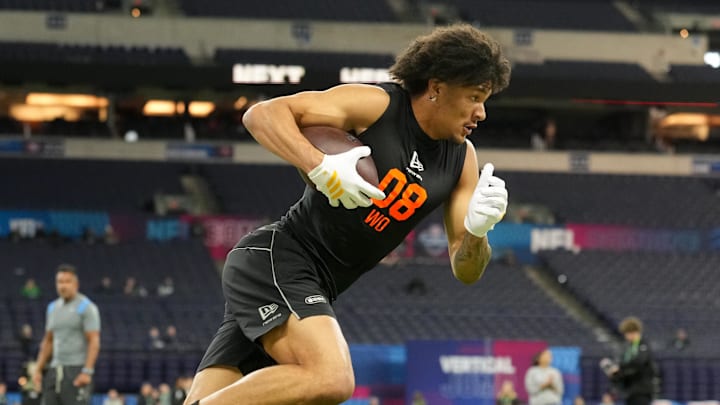 Feb 28, 2026; Indianapolis, IN, USA; Washington wideout Denzel Boston (WO08) during the NFL Scouting Combine at Lucas Oil Stadium. Mandatory Credit: Kirby Lee-Imagn Images