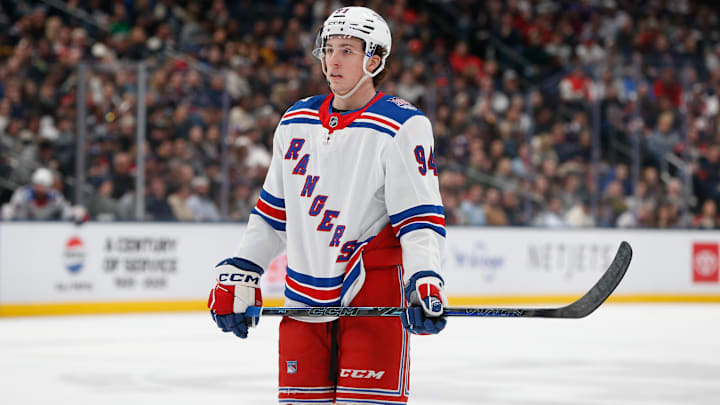 Mar 19, 2026; Columbus, Ohio, USA; New York Rangers right wing Gabe Perreault (94) against the Columbus Blue Jackets during the first period at Nationwide Arena. Mandatory Credit: Russell LaBounty-Imagn Images Mar 19, 2026; Columbus, Ohio, USA; New York Rangers right wing Gabe Perreault (94) against the Columbus Blue Jackets during the first period at Nationwide Arena. Mandatory Credit: Russell LaBounty-Imagn Images