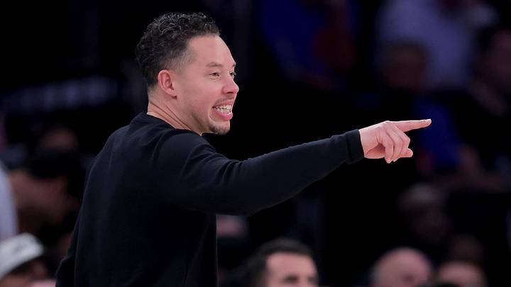 Jun 10, 2026; New York, New York, USA; San Antonio Spurs coach Mitch Johnson coaches against the New York Knicks during the second quarter of Game 4 of the 2026 NBA Finals at Madison Square Garden.