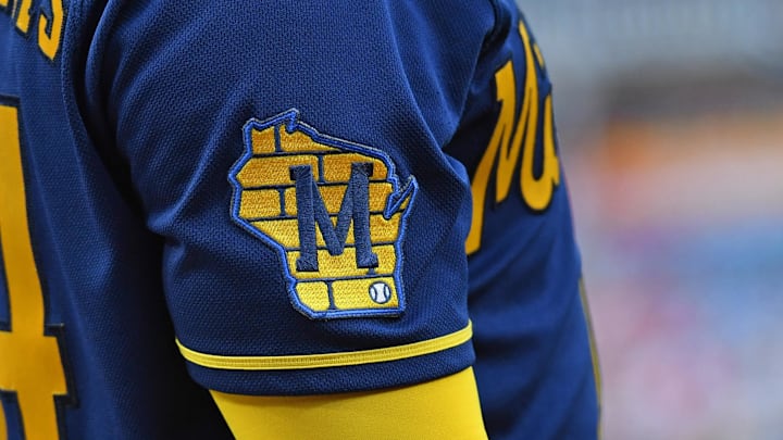Jul 19, 2023; Philadelphia, Pennsylvania, USA; Milwaukee Brewers logo patch on the jersey of catcher William Contreras (24) against the Philadelphia Phillies Citizens Bank Park. Mandatory Credit: Eric Hartline-Imagn Images Jul 19, 2023; Philadelphia, Pennsylvania, USA; Milwaukee Brewers logo patch on the jersey of catcher William Contreras (24) against the Philadelphia Phillies Citizens Bank Park. Mandatory Credit: Eric Hartline-Imagn Images