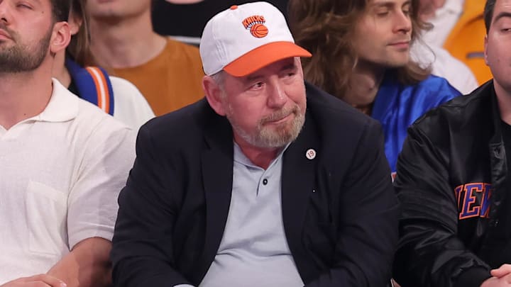 May 19, 2024; New York, New York, USA; New York Knicks executive chairman James Dolan sits court side during the first quarter of game seven of the second round of the 2024 NBA playoffs against the Indiana Pacers at Madison Square Garden. Mandatory Credit: Brad Penner-Imagn Images