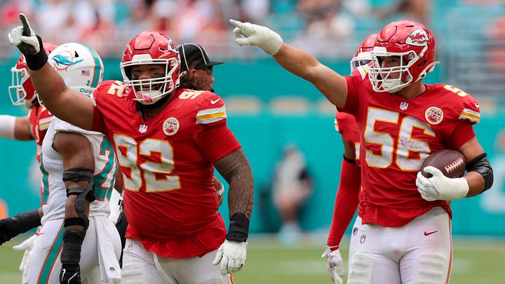 Sep 27, 2026; Miami Gardens, Florida, USA; Kansas City Chiefs defensive end George Karlaftis (56) celebrates with Khyiris Tonga (92) after an interception against the Miami Dolphins during the fourth quarter at Hard Rock Stadium. Mandatory Credit: Sam Navarro-Imagn Images Sep 27, 2026; Miami Gardens, Florida, USA; Kansas City Chiefs defensive end George Karlaftis (56) celebrates with Khyiris Tonga (92) after an interception against the Miami Dolphins during the fourth quarter at Hard Rock Stadium. Mandatory Credit: Sam Navarro-Imagn Images