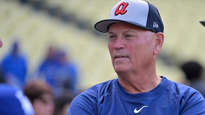 Atlanta Braves manager Brian Snitker (43) looks on prior to the game against the Los Angeles Dodgers at Dodger Stadium.
