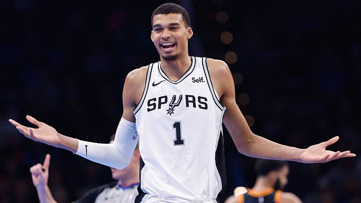 Nov 14, 2023; Oklahoma City, Oklahoma, USA; San Antonio Spurs center Victor Wembanyama (1) reacts after receiving a technical during the second quarter against the Oklahoma City Thunder at Paycom Center. Mandatory Credit: Alonzo Adams-USA TODAY Sports