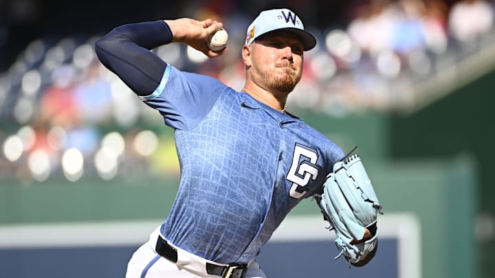 Aug 16, 2025; Washington, District of Columbia, USA; Washington Nationals starting pitcher Cade Cavalli (24) throws to the Philadelphia Phillies during the first inning at Nationals Park