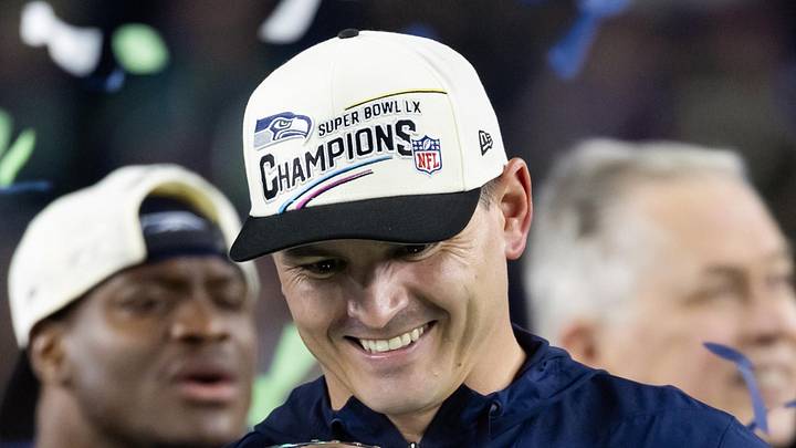 Seattle Seahawks head coach Mike Macdonald celebrates with the Vince Lombardi trophy