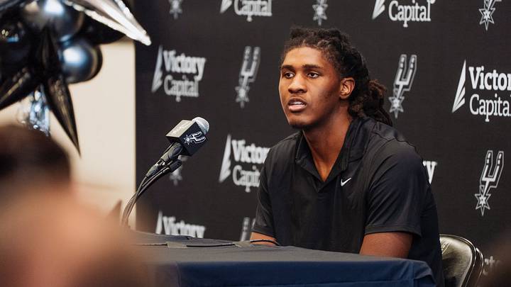 June 25, 2026; San Antonio, Texas, USA; San Antonio Spurs rookie Jayden Quaintance (22) speaks to media during his introductory press conference at Victory Capital Performance Center.