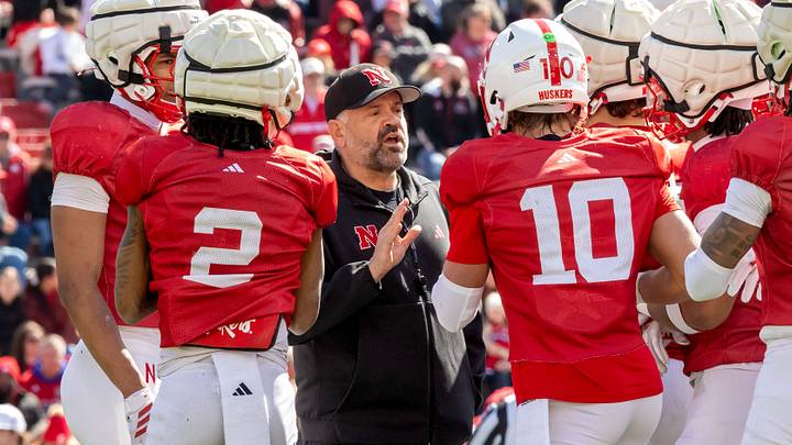 Matt Rhule huddles with the offense during the 2026 Red-White Spring Game. Matt Rhule huddles with the offense during the 2026 Red-White Spring Game.