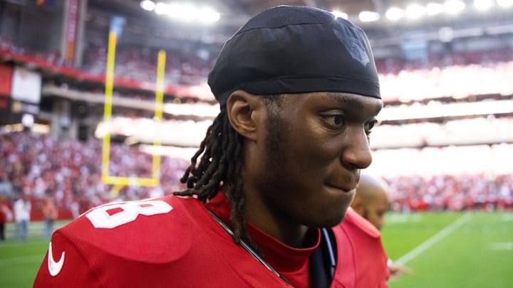 Jan 5, 2025; Glendale, Arizona, USA; Arizona Cardinals wide receiver Marvin Harrison Jr. (18) against the San Francisco 49ers at State Farm Stadium. Mandatory Credit: Mark J. Rebilas-Imagn Images Jan 5, 2025; Glendale, Arizona, USA; Arizona Cardinals wide receiver Marvin Harrison Jr. (18) against the San Francisco 49ers at State Farm Stadium. Mandatory Credit: Mark J. Rebilas-Imagn Images