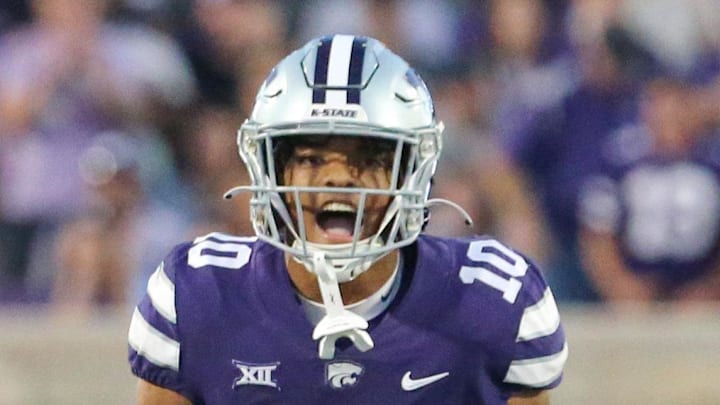 Kansas State Wildcats cornerback Jacob Parrish celebrates a sack during the second quarter against the TCU Horned Frogs.