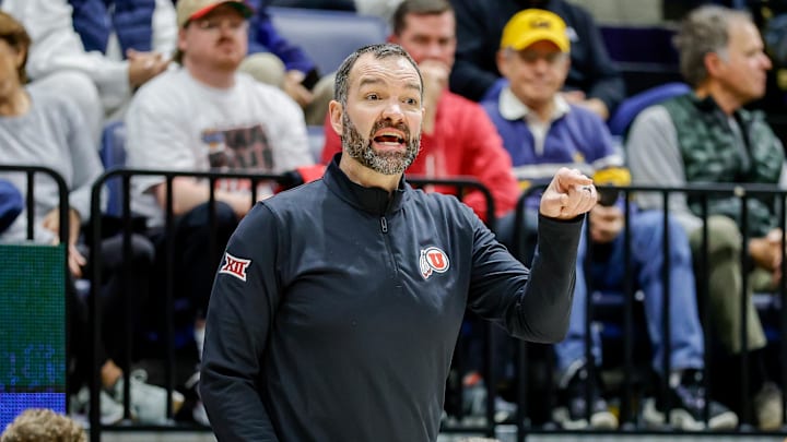 Utah Runnin' Utes head coach Alex Jensen instructs his team during the second half against the California Golden Bears at Haas Pavilion.
