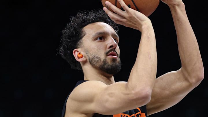 Mar 20, 2026; Brooklyn, New York, USA; New York Knicks guard Landry Shamet (44) warms up  before the game against the New York Knicks at Barclays Center. Mandatory Credit: Vincent Carchietta-Imagn Images