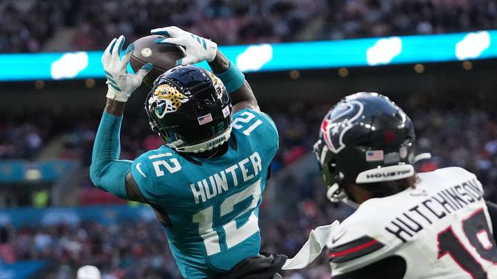 Oct 18, 2026; London, ENG; Jacksonville Jaguars wide receiver Travis Hunter (12) intercepts the ball against the Houston Texans during the second half at Wembley Stadium. Mandatory Credit: Kirby Lee-Imagn Images Oct 18, 2026; London, ENG; Jacksonville Jaguars wide receiver Travis Hunter (12) intercepts the ball against the Houston Texans during the second half at Wembley Stadium. Mandatory Credit: Kirby Lee-Imagn Images