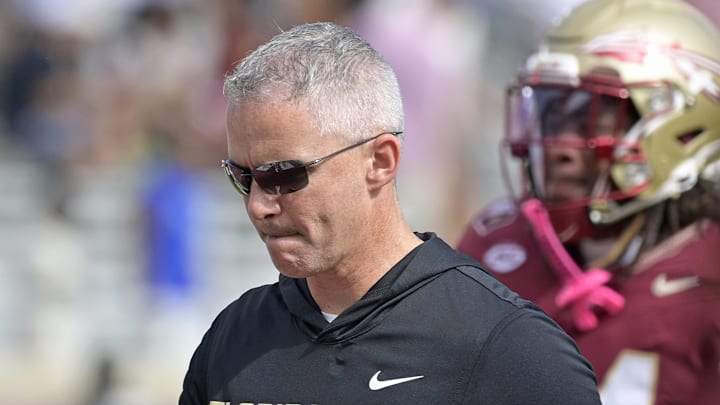 Oct 11, 2025; Tallahassee, Florida, USA; Florida State Seminoles head coach Mike Norvell after losing the game to the Pittsburgh Panthers at Doak S. Campbell Stadium. Mandatory Credit: Melina Myers-Imagn Images