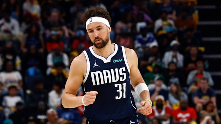 Apr 18, 2025; Memphis, Tennessee, USA; Dallas Mavericks guard Klay Thompson (31) reacts during the third quarter against the Memphis Grizzlies at FedExForum. Mandatory Credit: Petre Thomas-Imagn Images Apr 18, 2025; Memphis, Tennessee, USA; Dallas Mavericks guard Klay Thompson (31) reacts during the third quarter against the Memphis Grizzlies at FedExForum. Mandatory Credit: Petre Thomas-Imagn Images