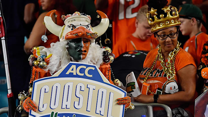 Nov 11, 2017; Miami Gardens, FL, USA; A Miami Hurricanes fan holds a sign with the Miami Hurricanes season record after the game against the Notre Dame Fighting Irish at Hard Rock Stadium.
