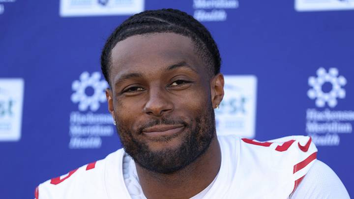 New York Giants linebacker Kayvon Thibodeaux answers questions from the press