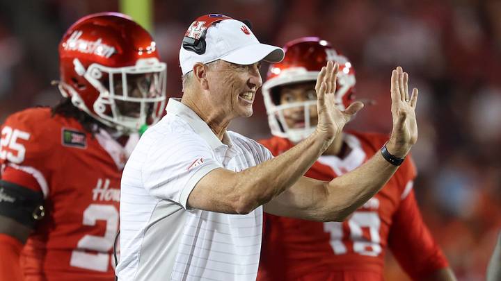 Oct 17, 2026; Houston, Texas, USA; Houston Cougars head coach Willie Fritz reacts during the first quarter against the Oklahoma State Cowboys at TDECU Stadium. Mandatory Credit: Troy Taormina-Imagn Images Oct 17, 2026; Houston, Texas, USA; Houston Cougars head coach Willie Fritz reacts during the first quarter against the Oklahoma State Cowboys at TDECU Stadium. Mandatory Credit: Troy Taormina-Imagn Images