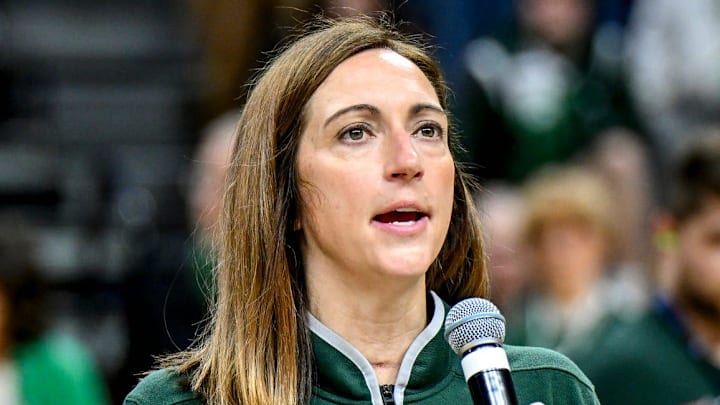 Michigan State's head coach Robyn Fralick speaks during the senior night ceremony after MSU's win over Northwestern on Wednesday, Feb. 18, 2026, at the Breslin Center in East Lansing.