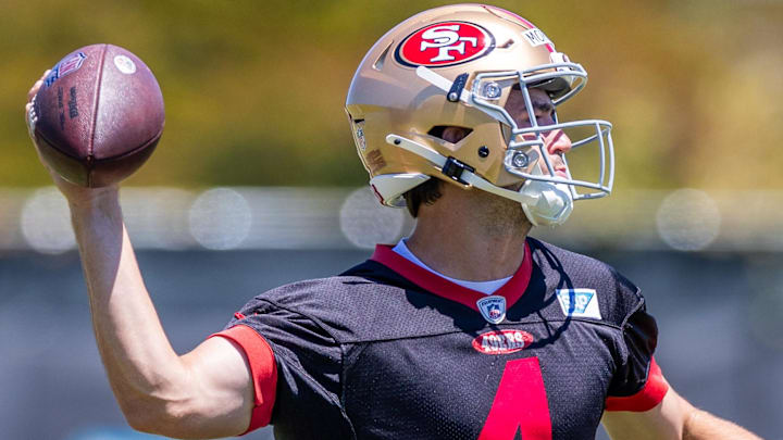 San Francisco 49ers quarterback Tanner Mordecai (4) runs drills during the 49ers rookie minicamp at Levi’s Stadium in Santa Clara, CA.