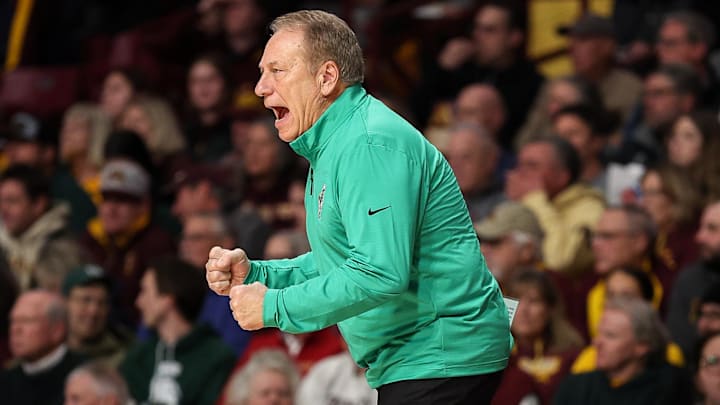 Dec 4, 2024; Minneapolis, Minnesota, USA; Michigan State Spartans head coach Tom Izzo reacts during the first half against the Minnesota Golden Gophers at Williams Arena. Mandatory Credit: Matt Krohn-Imagn Images