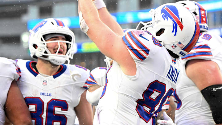 Dec 14, 2025; Foxborough, Massachusetts, USA; Buffalo Bills tight end Dawson Knox (88) reacts after scoring a touchdown against the New England Patriots during the second half at Gillette Stadium while tight end Dalton Kincaid (86) joins in celebration.