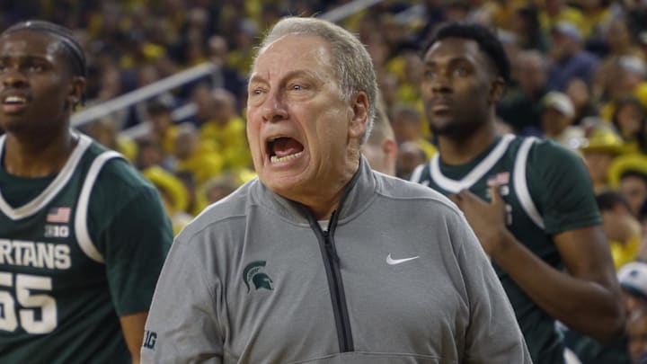 Feb 21, 2025; Ann Arbor, Michigan, USA; Michigan State Spartans head coach Tom Izzo looks on during the second half at Crisler Center. Mandatory Credit: Brian Bradshaw Sevald-Imagn Images