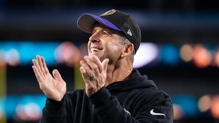 Dec 17, 2023; Jacksonville, Florida, USA; Baltimore Ravens head coach John Harbaugh reacts after the game against the Jacksonville Jaguars at EverBank Stadium. Mandatory Credit: Jeremy Reper-Imagn Images