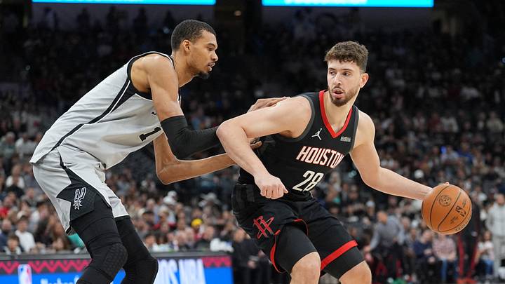 Mar 8, 2026; San Antonio, Texas, USA; Houston Rockets center Alperen Şengün (28) dribbles against San Antonio Spurs forward Victor Wembanyama (1) in the first half at Frost Bank Center. Mar 8, 2026; San Antonio, Texas, USA; Houston Rockets center Alperen Şengün (28) dribbles against San Antonio Spurs forward Victor Wembanyama (1) in the first half at Frost Bank Center.