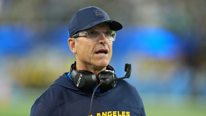 Dec 8, 2025; Inglewood, California, USA; Los Angeles Chargers head coach Jim Harbaugh reacts in the first half against the Philadelphia Eagles at SoFi Stadium. Mandatory Credit: Kirby Lee-Imagn Images Dec 8, 2025; Inglewood, California, USA; Los Angeles Chargers head coach Jim Harbaugh reacts in the first half against the Philadelphia Eagles at SoFi Stadium. Mandatory Credit: Kirby Lee-Imagn Images