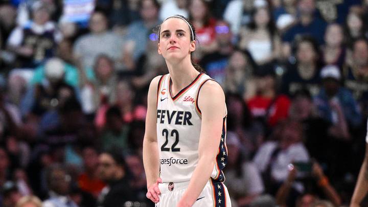 Aug 22, 2026; Brooklyn, New York, USA;  Indiana Fever guard Caitlin Clark (22) reacts during the second half against the New York Liberty at Barclays Center.  Mandatory Credit: John Jones-Imagn Images