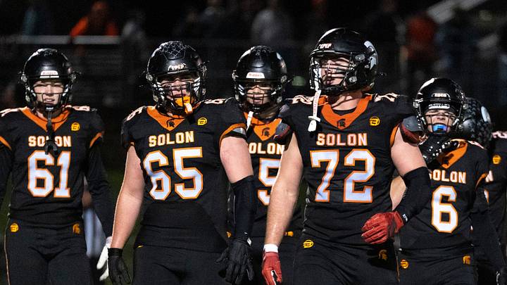 The Solon defense walks to the line of scrimmage Oct. 16, 2026 during a high school football game against the Mount Pleasant Panthers at Solon High School in Solon, Iowa. The Solon defense walks to the line of scrimmage Oct. 16, 2026 during a high school football game against the Mount Pleasant Panthers at Solon High School in Solon, Iowa.