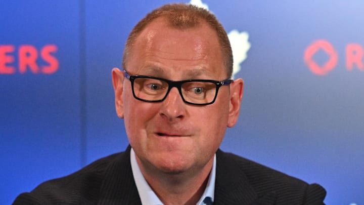Jun 1, 2023; Toronto, Ontario, CANADA; Toronto Maple Leafs new general manager Brad Treliving reacts to a question during an introductory press conference at Scotiabank Arena. Mandatory Credit: Dan Hamilton-Imagn Images Jun 1, 2023; Toronto, Ontario, CANADA; Toronto Maple Leafs new general manager Brad Treliving reacts to a question during an introductory press conference at Scotiabank Arena. Mandatory Credit: Dan Hamilton-Imagn Images