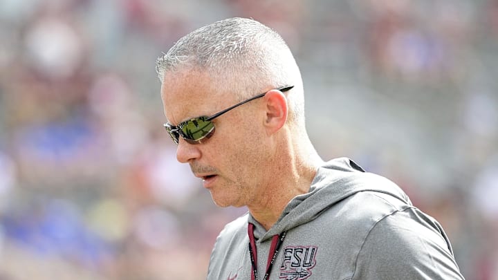 Sep 14, 2024; Tallahassee, Florida, USA; Florida State Seminoles head coach Mike Norvell before a game against the Memphis Tigers at Doak S. Campbell Stadium. Mandatory Credit: Melina Myers-Imagn Images