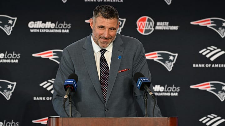 Jan 13, 2025; Foxborough, MA, USA; Mike Vrabel addresses media at a press conference to announce his hiring as the New England Patriots head coach at Gillette Stadium. Mandatory Credit: Eric Canha-Imagn Images