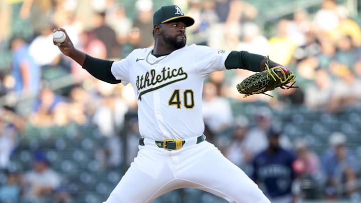 Jul 29, 2025; West Sacramento, California, USA; Athletics starting pitcher Luis Severino (40) throws a pitch against the Seattle Mariners during the first inning at Sutter Health Park. Mandatory Credit: Dennis Lee-Imagn Images
