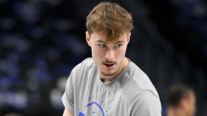 Feb 5, 2026; Dallas, Texas, USA; Dallas Mavericks forward Cooper Flagg (32) warms up before the game against the San Antonio Spurs at the American Airlines Center. Mandatory Credit: Jerome Miron-Imagn Images