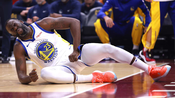 Nov 5, 2023; Cleveland, Ohio, USA; Golden State Warriors forward Draymond Green (23) reacts after