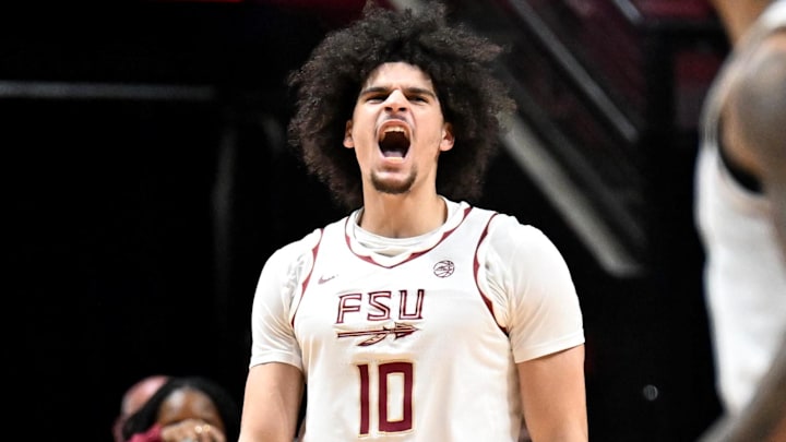 Jan 31, 2026; Tallahassee, Florida, USA; Florida State Seminoles guard Lajae Jones (10) reacts during the second half against the Stanford Cardinal at Donald L. Tucker Center. Mandatory Credit: Melina Myers-Imagn Images