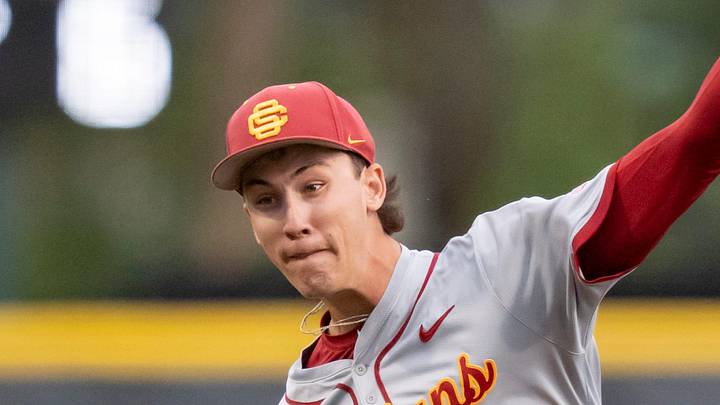 USC pitcher Mason Edwards throws a pitch as the Oregon Ducks host the USC Trojans on May 14, 2026, in Eugene, Oregon. USC pitcher Mason Edwards throws a pitch as the Oregon Ducks host the USC Trojans on May 14, 2026, in Eugene, Oregon.