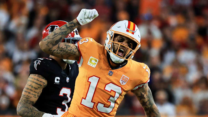 Tampa Bay Buccaneers wide receiver Mike Evans (13) reacts after catching a pass against Atlanta Falcons 