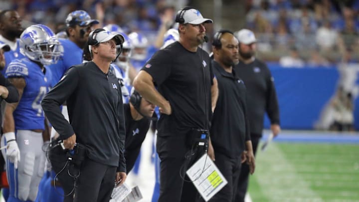 Former Lions offensive coordinator Ben Johnson and head coach Dan Campbell on the sidelines together last year but now apart.