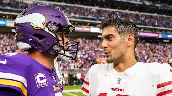 Sep 9, 2018; Minneapolis, MN, USA; Minnesota Vikings quarterback Kirk Cousins (8) talks with San Francisco 49ers quarterback Jimmy Garoppolo (10) following the game at U.S. Bank Stadium. Mandatory Credit: Brace Hemmelgarn-Imagn Images Sep 9, 2018; Minneapolis, MN, USA; Minnesota Vikings quarterback Kirk Cousins (8) talks with San Francisco 49ers quarterback Jimmy Garoppolo (10) following the game at U.S. Bank Stadium. Mandatory Credit: Brace Hemmelgarn-Imagn Images